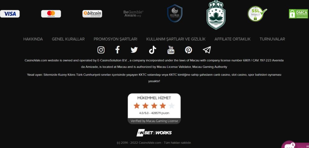 casinovale firma bilgileri